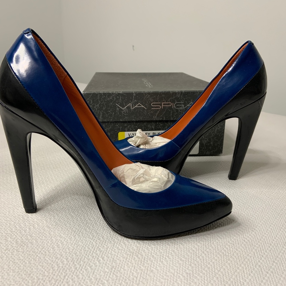 Via Spiga Leather Yardley Black/Marine Leather Platform Heel 6M